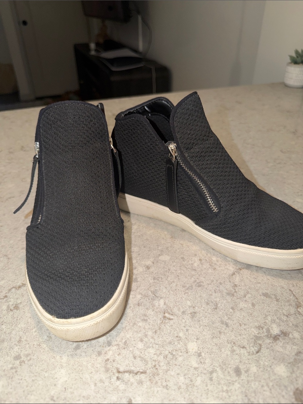 Steve Madden Black Knit Wedge Sneaker Booties with Side Zip